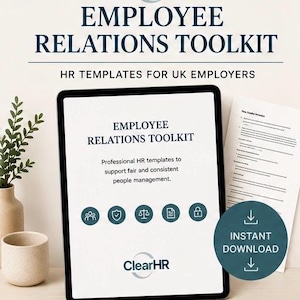 May include: A digital tablet displays the ClearHR Employee Relations Toolkit with professional HR templates for UK employers. The screen shows the title, a description, five circular icons, and the ClearHR logo. A document and download button are visible.