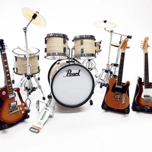 1:12 Miniature Musical Instrument Set, Mini Drum Kit Pearl Bass 6cm & 3 Mini Guitars with Stands, Handmade Music Dollhouse Miniature Replica image 2