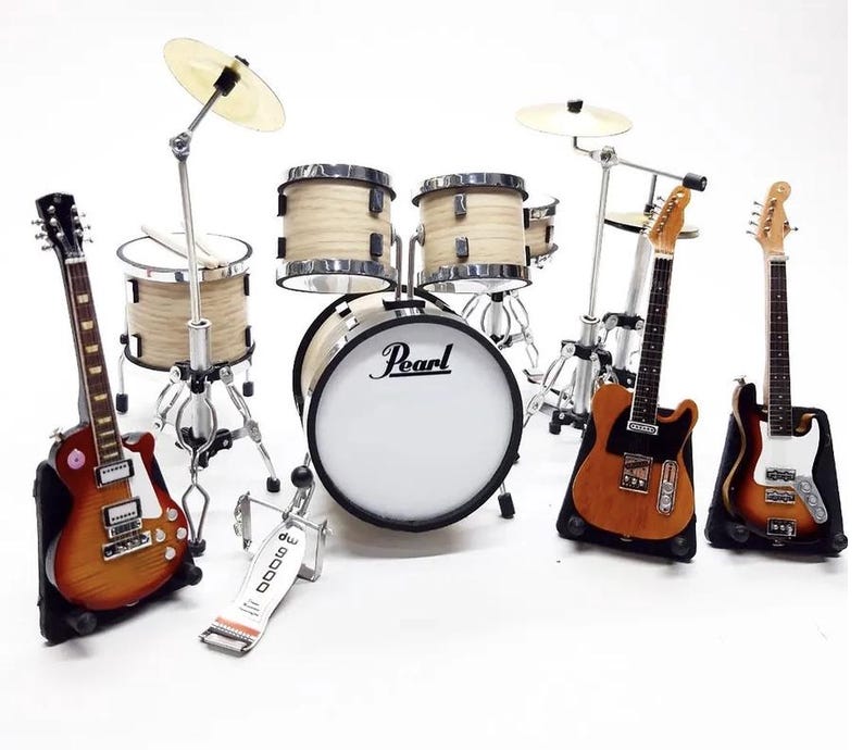 1:12 Miniature Musical Instrument Set, Mini Drum Kit Pearl Bass 6cm & 3 Mini Guitars with Stands, Handmade Music Dollhouse Miniature Replica image 2