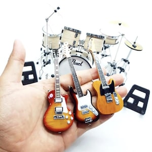 1:12 Miniature Musical Instrument Set, Mini Drum Kit Pearl Bass 6cm & 3 Mini Guitars with Stands, Handmade Music Dollhouse Miniature Replica image 1