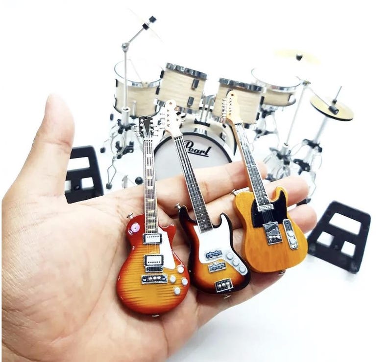 1:12 Miniature Musical Instrument Set, Mini Drum Kit Pearl Bass 6cm & 3 Mini Guitars with Stands, Handmade Music Dollhouse Miniature Replica image 1