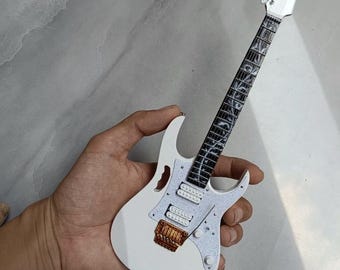 Neo Ibanez White Miniature Electric Guitar, Handcrafted Wooden Instrument Replica, Tiny Guitar for Display, Music Studio Decor, Gift for Men