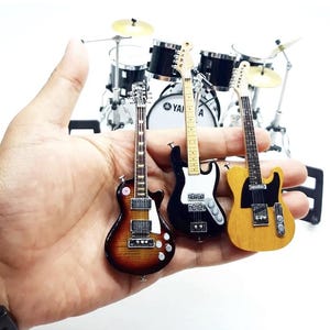 1:12 Miniature Musical Instrument Set, Mini Drum Kit Pearl Bass 6cm & 3 Mini Guitars with Stands, Handmade Music Dollhouse Miniature Replica image 7