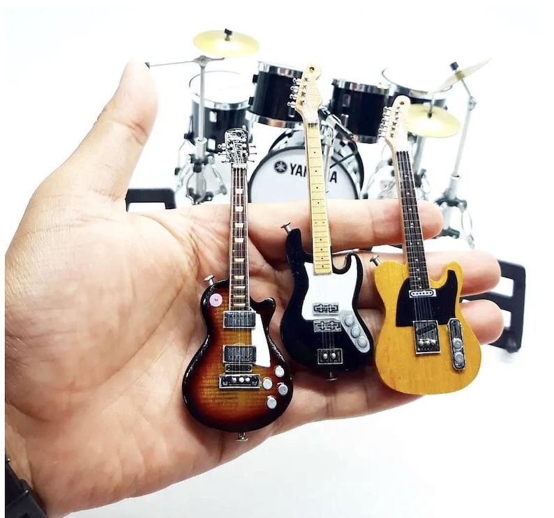 1:12 Miniature Musical Instrument Set, Mini Drum Kit Pearl Bass 6cm & 3 Mini Guitars with Stands, Handmade Music Dollhouse Miniature Replica image 7