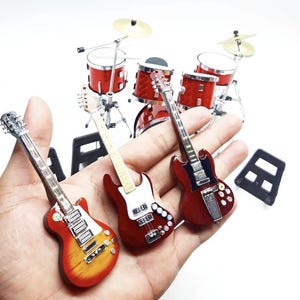 1:12 Miniature Musical Instrument Set, Mini Drum Kit Pearl Bass 6cm & 3 Mini Guitars with Stands, Handmade Music Dollhouse Miniature Replica image 9