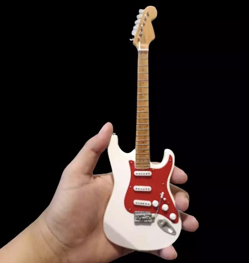 Handmade 25cm Miniature Fender Stratocaster Guitar Replica - Mahogany Wood Mini Electric Guitar Model with Adjustable Stand - Musician Gift White Red