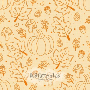 May include: A seamless pattern featuring orange line art of pumpkins, maple leaves, oak leaves, mushrooms, acorns, pinecones, and berry sprigs on a light orange grid background. The text RCB Pattern Lab Seamless Pattern is centred.