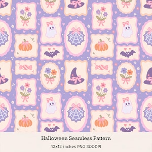 Puede incluir: Un patrón sin costuras con fondo morado y recuadros repetidos de fantasmas con lazos rosas, calabazas naranjas, sombreros de bruja morados, telarañas, murciélagos, caramelos y ramos de flores. Texto: Halloween Seamless Pattern 12x12 inches PNG 300DPI.
