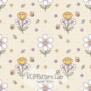 Padrão sem costura de jardim de abelhas da primavera | Repetição botânica, PNG de 300 DPI (Download digital)