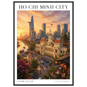 Affiche touristique de Hô Chi Minh-Ville, Décoration murale encadrée romantique, Paysage urbain du Vietnam, Souvenir de Saigon, Cadeau de voyage dessiné à la main