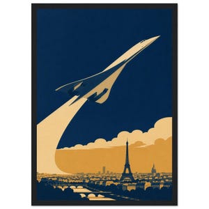 Könnte beinhalten: Ein gerahmter Kunstdruck mit einer stilisierten Illustration eines weißen Überschalljets, der in einen dunkelblauen Himmel über einer goldenen Pariser Stadtlandschaft aufsteigt. Der Jet hinterlässt eine lange, geschwungene weiße Spur.