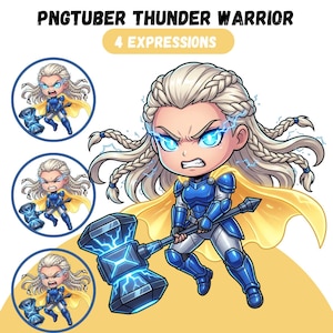 May include: A digital illustration titled PNGTUBER THUNDER WARRIOR 4 EXPRESSIONS featuring a chibi-style warrior with long braided blonde hair, glowing blue eyes, blue armor, and a yellow cape, wielding a large hammer with blue lightning effects.