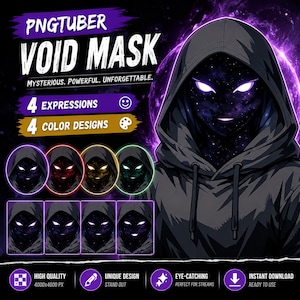 Pode incluir: Um ativo digital PNGtuber Void Mask apresentando uma figura encapuzada com um rosto cósmico estrelado e olhos brancos brilhantes. O gráfico inclui etiquetas de texto para 4 expressões e 4 designs de cores, com ícones de visualização.
