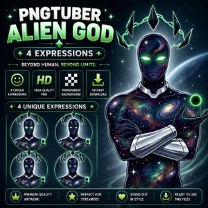 Peut inclure: Une illustration numérique d'un personnage de dieu extraterrestre avec un corps à motif de galaxie, des yeux vert brillant et une couronne flottante. L'image contient le texte : PNGTUBER ALIEN GOD, 4 EXPRESSIONS, BEYOND HUMAN. BEYOND LIMITS., HD.