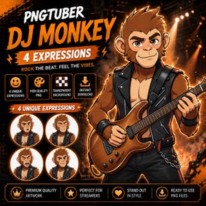 May include: A digital illustration of a brown monkey character wearing a black leather vest and playing a brown electric guitar. The image includes the text PNGTUBER DJ MONKEY 4 EXPRESSIONS ROCK THE BEAT. FEEL THE VIBES. and four circular monkey icons.