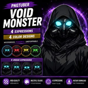 Pode incluir: Um ativo de personagem digital intitulado PNGTUBER VOID MONSTER apresentando uma figura encapuzada com máscara de gás e olhos ciano brilhantes. O gráfico inclui texto indicando 4 expressões, 4 designs de cores e 4000x4000 px de resolução.