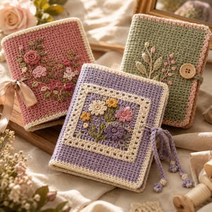May include: Three rectangular crochet book covers in pink, sage green, and lavender. The pink cover features floral embroidery and a satin ribbon tie. The green cover has a button closure and botanical embroidery. The lavender cover has a central floral motif.