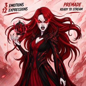 Peut inclure: Une illustration numérique d'un personnage aux longs cheveux rouges, aux yeux rouges brillants et au teint pâle, portant une robe noire et rouge. Le personnage tient une petite cage noire contenant un cœur rougeoyant. Texte : 3 EMOTIONS 12 EXPRESSIONS PREMADE READY TO STREAM.