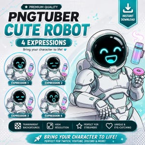 May include: A digital illustration of a robot character wearing a white space suit with a black helmet visor displaying four different glowing blue facial expressions. The robot holds a pink donut and a gradient-colored thermos in each version.