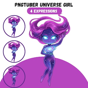 May include: A digital illustration titled PNGTUBER UNIVERSE GIRL 4 EXPRESSIONS featuring a character with purple galaxy-patterned skin, glowing blue eyes, and flowing magenta hair. The character has a spiral galaxy on their chest.