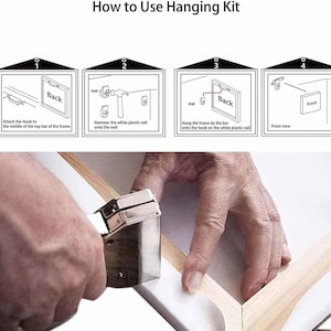 K&ouml;nnte beinhalten: Eine vierteilige Anleitung mit dem Titel How to Use Hanging Kit, die das Anbringen eines Hakens an einem Rahmen und die Wandmontage mit einem Kunststoffnagel zeigt, sowie eine Ansicht einer Metalltackerpistole, die Leinwand an einem Holzrahmen befestigt.