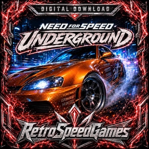 Puede incluir: Gráfico de descarga digital para el videojuego "Need for Speed Underground". Un coche deportivo naranja es el protagonista, con el título del juego en una fuente estilizada. El fondo muestra un paisaje urbano con luces de neón y el logotipo de RetroSpeedGames en la parte inferior.
