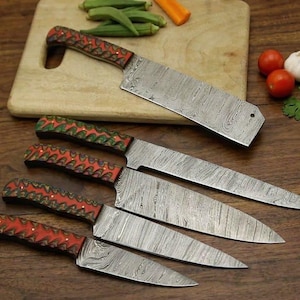 Handmade Damascus Steel Kitchen Knife Set Custom Chef Knife Set with Colorful Wooden Handle Cleaver Utility Paring Knives Gift for Chef