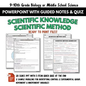 Puede incluir: Recurso educativo para biología de 9º-10º grado o ciencias de secundaria que incluye una presentación de PowerPoint, notas guiadas y un cuestionario. Los materiales cubren el conocimiento científico y el método científico con hojas listas para imprimir.