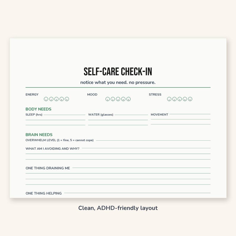 ADHD Self-Care Check-In Printable, Daily Wellbeing Planner for Adults, PDF image 3