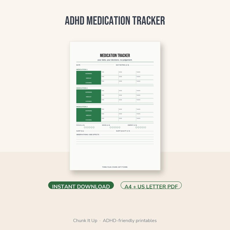 ADHD Medication Tracker Printable | Daily Symptom Log | Focus Mood Energy | A4 + US Letter PDF image 1