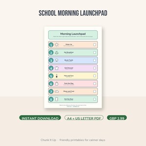 May include: A School Morning Launchpad checklist printed on a white sheet. The document features eight numbered steps with icons and text, including Wake Up, Eat Breakfast, Brush Teeth, Get Dressed, Hair and Face, Pack the Bag, Shoes and Coat, and Out the Door.