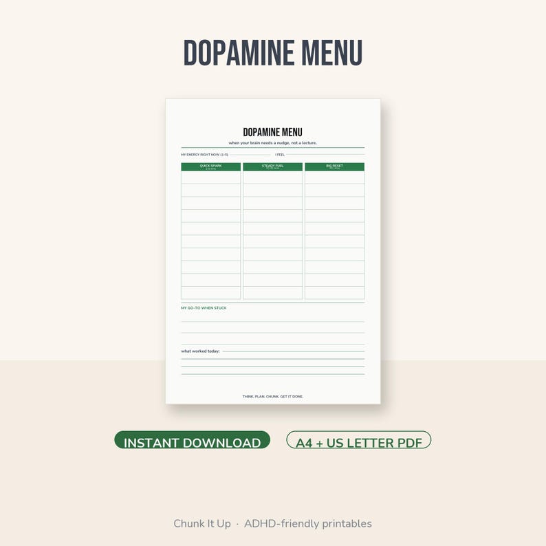 Dopamine Menu Printable, ADHD Activity Planner for Stuck Days, A4 + Letter PDF image 1