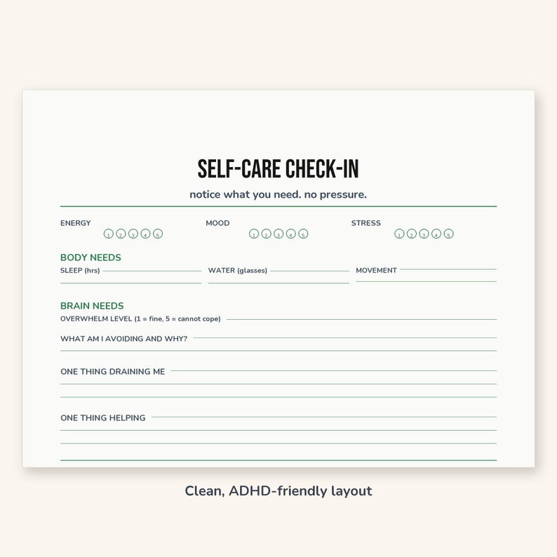 Self-Care Check-In Printable | ADHD Wellbeing Planner | PDF image 3
