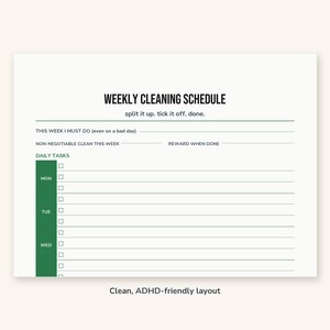 Horario de limpieza para personas con TDAH (imprimible) / Planificador semanal del hogar (PDF) / Tabla de tareas para adultos neurodivergentes imagen 3