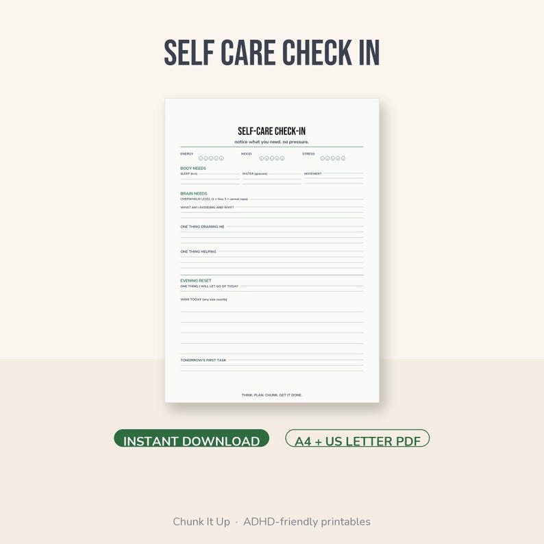ADHD Self-Care Check-In Printable, Daily Wellbeing Planner for Adults, PDF image 1