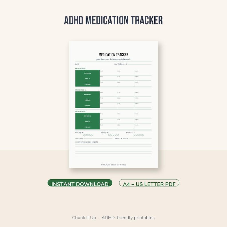 ADHS Medikation Tracker Printable | Tagebuch der Beschwerden | Fokus Stimmung Energie | A4 + US Letter PDF Bild 1