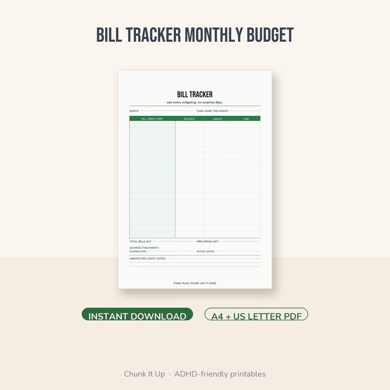 ADHD Bill Tracker Printable | Monthly Budget Planner PDF | A4 + US Letter Instant Download bild 1