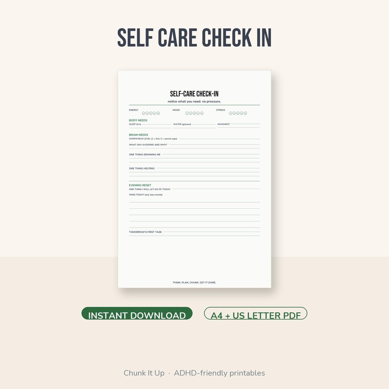 Self-Care Check-In Printable | ADHD Wellbeing Planner | PDF image 1
