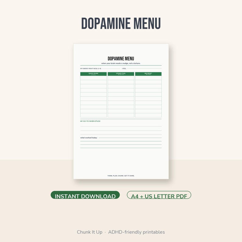 Dopamine Menu Printable | ADHD Motivation Tool | Activity Planner | A4 + US Letter PDF image 1