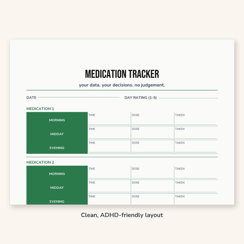 ADHS Medikation Tracker Printable | Tagebuch der Beschwerden | Fokus Stimmung Energie | A4 + US Letter PDF Bild 3