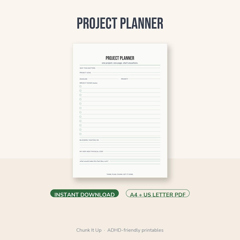 ADHD Project Planner Printable | Focus Planner for Adults | A4 + US Letter PDF Instant Download image 1