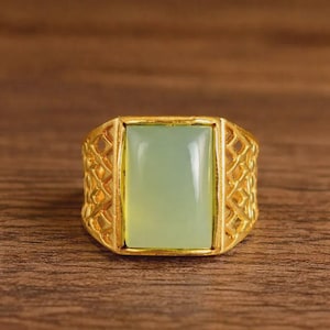 Gold Green Chalcedony Statement Ring, Rectangular Cabochon Gemstone Ring, Handmade Vintage Style Gold Ring, Unisex Cocktail Ring