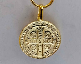 Saint Benedict Medal christian symbol in gold 9k, 14k, 18k or goldplated pendant Jewel Charm amulet for protection with gold filled chain