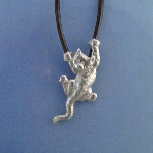 CAT CLIMBING sterling silver pendant 925, Amulet for lucky Fortune , charm handmade gift for catlovers, with leather cord necklace  jewelry