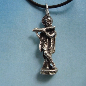 Krisnha god Upanishad of hinduism, figure playing flute, Jewel Magic pendant charm amulet sterling silver 925 necklace cord leather included