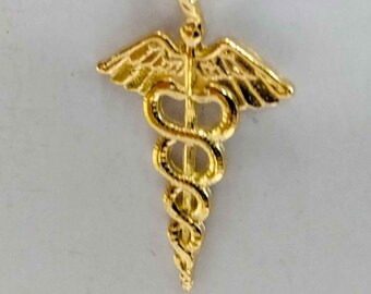 Caduceus knot two serpents pendant charm amulet symbol of logistics gold 9k, 14k, 18k or gold-plated necklace Jewel chain gold filled 18k