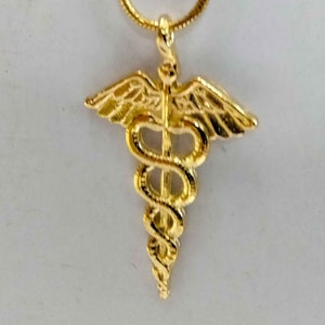 May include: A gold-toned necklace with a pendant featuring the Caduceus symbol, a snake wrapped around a staff with wings.
