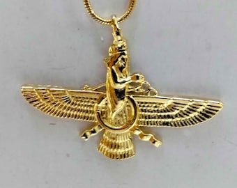 Ahura Mazda Faravahar Foruhar Farre symbol of Zoroastrianism phalavi pendant charm amulet gold 9k 14k 18k chain gold filled necklace jewel