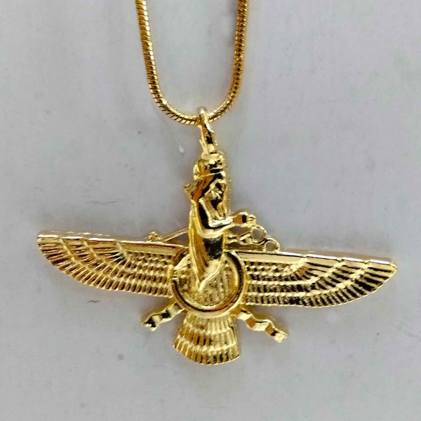 Ahura Mazda Faravahar Foruhar Farre symbole du zoroastrisme phalavi pendentif charme amulette or 9k 14k 18k chaîne or rempli collier bijou