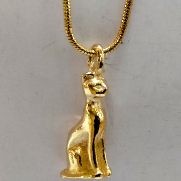 Bastet déesse chat égyptienne pendenfif amulette en Or Massif 9K 14K 18K ou Plaqué Or et Chaîne gold filled Rempli Collier Figure